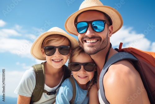 summer vacation concept Family having fun, father and mother holding their son, looking at the camera