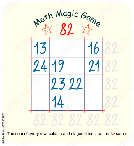 Magic math game. (Magic square)  Recreational mathematics and educational series vector illustration.