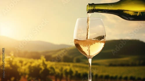 wine glass pouring white wine Morning light vineyard landscape background with copy space