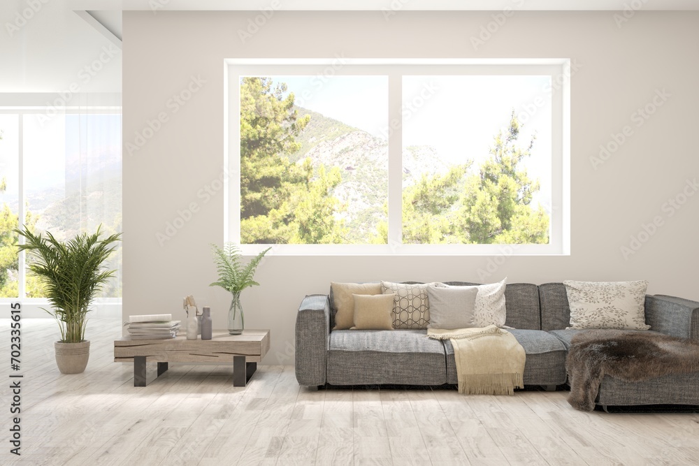 Fototapeta premium Bright interior design with modern furniture and summer landscape in window. 3D illustration