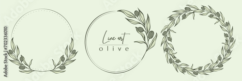 Botanical line illustration set of olive leaves  branch wreath for wedding invitation and cards  logo design  web  social media and posters template. Elegant minimal style floral vector isolated. 
