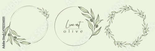 Botanical line illustration set of olive leaves  branch wreath for wedding invitation and cards  logo design  web  social media and posters template. Elegant minimal style floral vector isolated. 