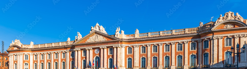 Pediment of the Capitole on the square of the same name, on a winter day in Toulouse, Occitanie, France