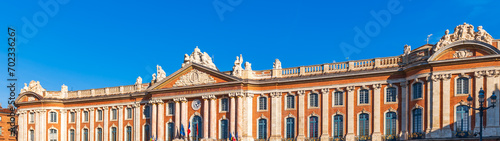 Pediment of the Capitole on the square of the same name, on a winter day in Toulouse, Occitanie, France