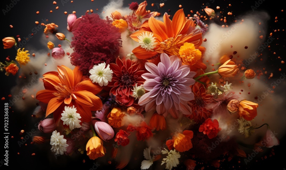 Colorful various flower and paints. Mix flower explosion, top view Colorful various flower and paints. Mix flower explosion, top view