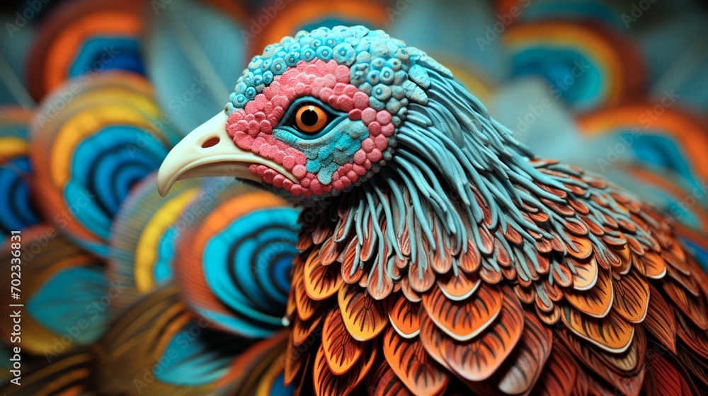 A close-up of a turkey's intricate plumage, each feather adorned with intricate patterns and hues.