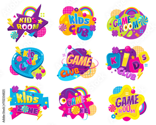 Set of isolated vector kids or children labels for playroom or game zone. Child play area banner, playing zone sticker, badge or sign for kids club. Childish playground decoration design. Room text