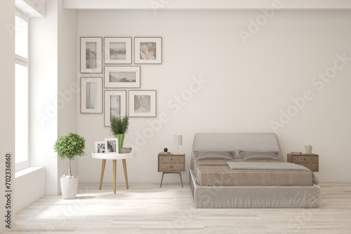 Soft color bedroom interior. Scandinavian design. 3D illustration