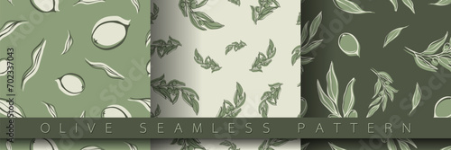 Set of seamless pattern with olive Branch in Minimal Liner Style. Vector Floral Backgrounds for Wedding invitations, greeting cards, print on fabric, wallpapers, scrapbooking, gift wrap and more.	
