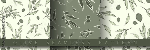 Set of seamless pattern with olive Branch in Minimal Liner Style. Vector Floral Backgrounds for Wedding invitations, greeting cards, print on fabric, wallpapers, scrapbooking, gift wrap and more. 