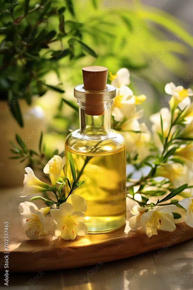 bottle, jar with essential oil extract freesia bottle, jar with essential oil extract freesia