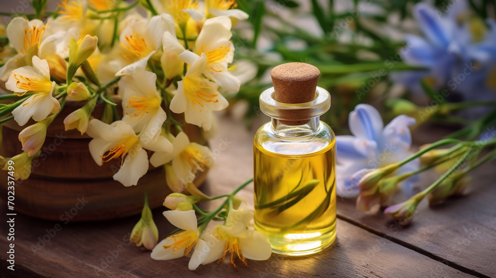 bottle, jar with essential oil extract freesia bottle, jar with essential oil extract freesia