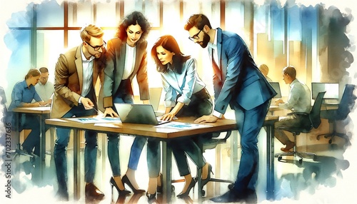 A dynamic team of professionals collaborates around a table in a modern office, exuding focus and teamwork in a watercolor setting.