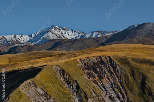 Russia, the North Caucasus. View of the amazing crumbling peak-shaped formations of sedimentary rocks at the foot of Elbrus.