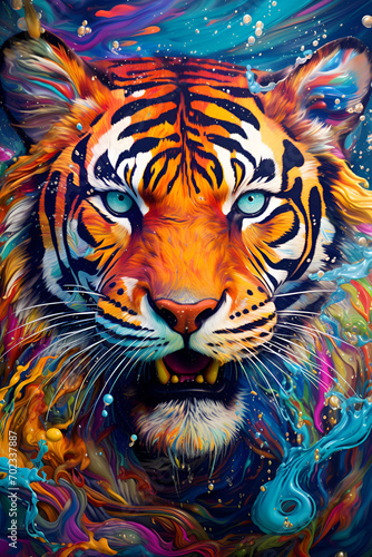 Tiger head, colorful psychedelic wavy colourful background