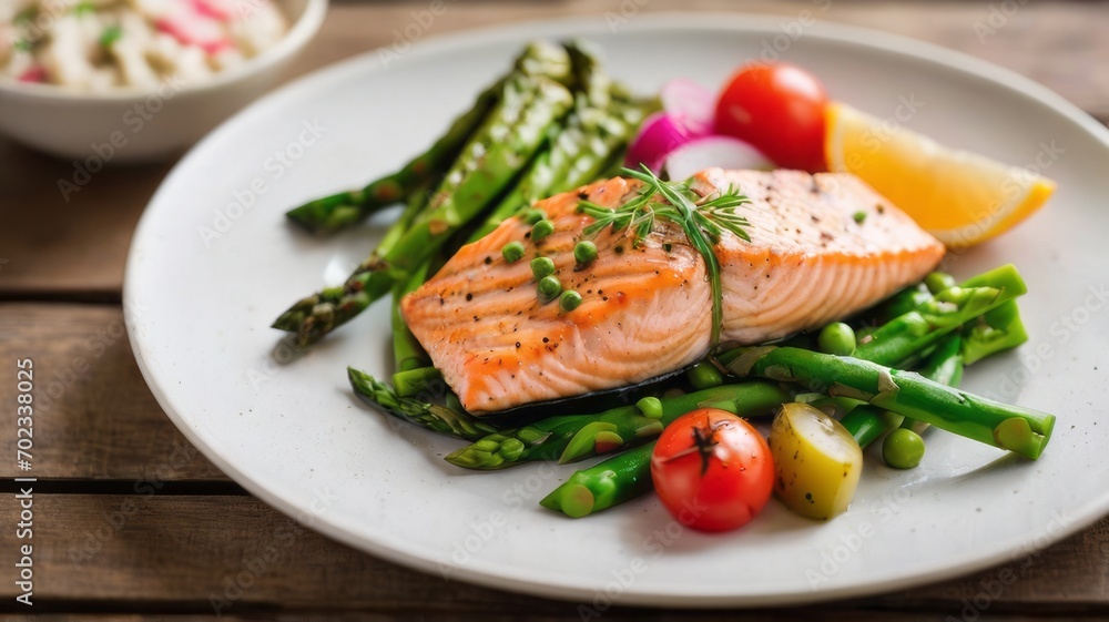 Delight your senses with this tantalizing image, presenting a perfectly cooked fish steak surrounded. medley of vibrant vegetables, offering a refreshing slice of meaty goodness for wholesome lunch