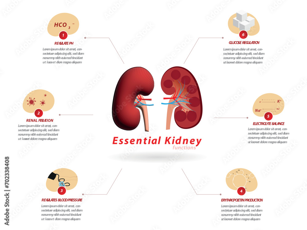 Infographic about the main functions of the kidney, in the center a ...