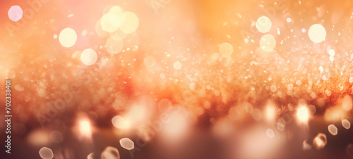 Abstract background with peach fuzz color sparkles, shiny bokeh glitter lights