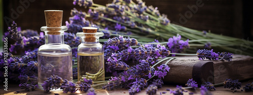 bottle, jar with lavender essential oil extract photo
