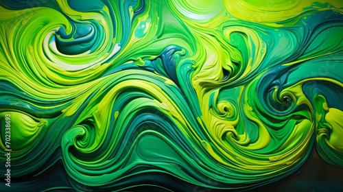 Electric green fluid flowing gracefully, forming intricate patterns as it swirls and splashes against a radiant, multi-colored 3D canvas.