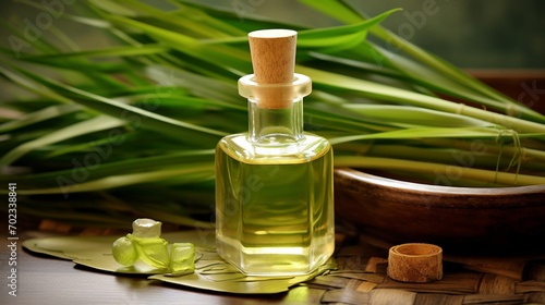 bottle, jar with lemongrass essential oil extract photo