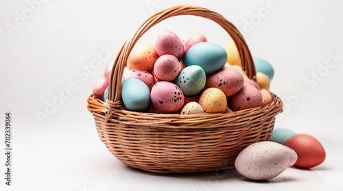 Isolated Basket Filled with Easter Eggs on White Background 