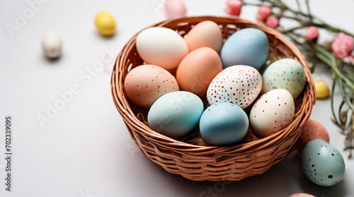 Isolated Basket Filled with Easter Eggs on White Background
