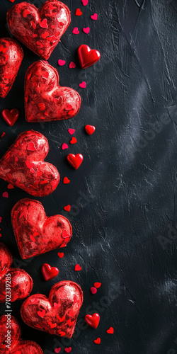 Red hearts on black background. Valentine's Day backdrop. Vertical banner