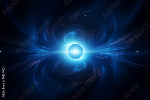 abstract blue spiral cosmos object pulsar in dark space among stars, rays, emission