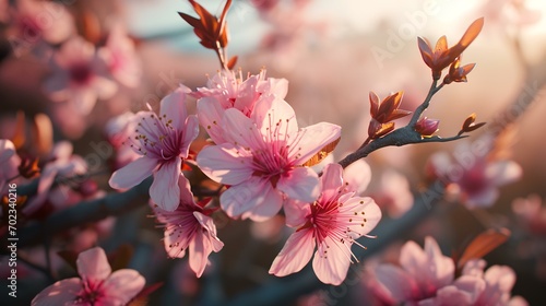 Pink sakura flowers blooming in spring, close-up.