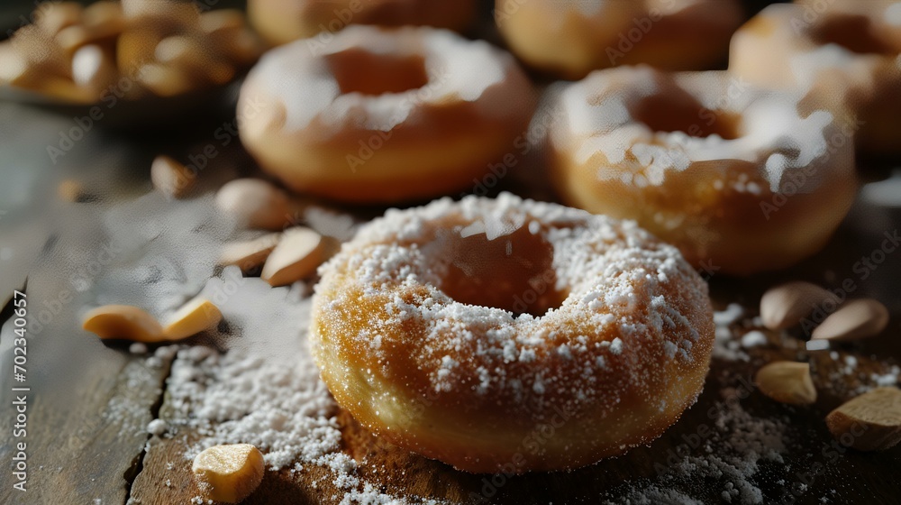 Donuts with icing sugar and almonds on wooden table, closeup Donuts with icing sugar and almonds on wooden table, closeup