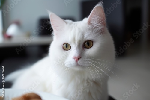 Portrait of a cute cat looking away. Foreign white cat breed