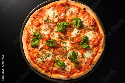 Pizza alla marinara with tomatoes garlic olive oil top view