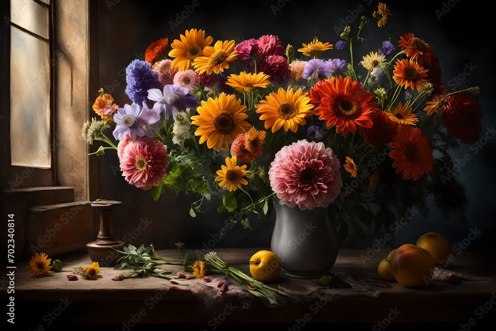 Picture a stunning still life composition featuring a mixed flower bouquet, bathed in perfect lighting that accentuates Picture a stunning still life composition featuring a mixed flower bouquet, bathed in perfect lighting that accentuates