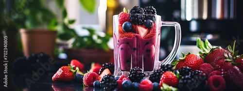 fruit and berry cocktail on the background of the kitchen