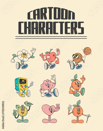 retro 30s mascot cartoon characters, vector illustration