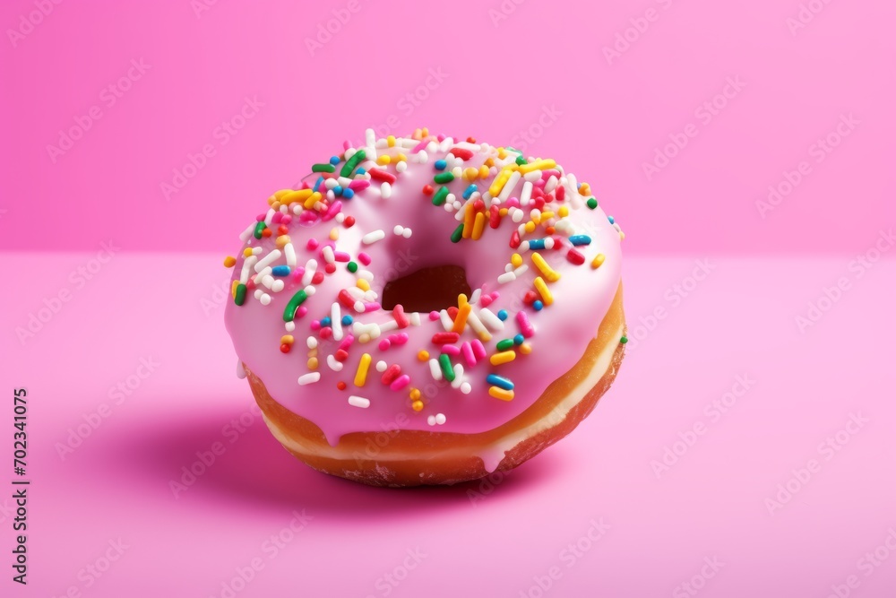 Single pink glazed donut with colorful sprinkles on the pink background Single pink glazed donut with colorful sprinkles on the pink background