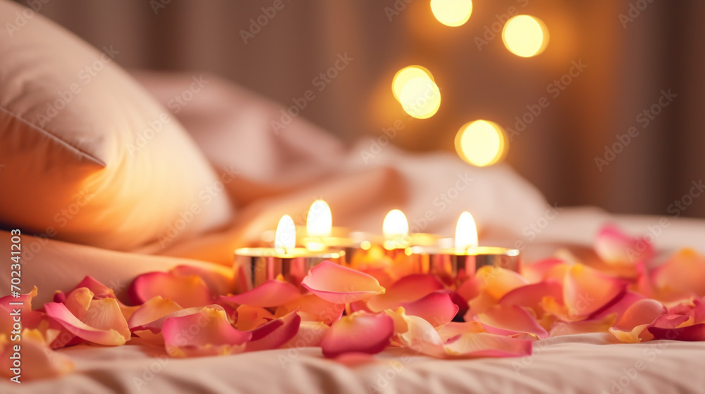 aromatic candles on the bed plan and rose petals. romantic aromatic candles on the bed plan and rose petals. romantic