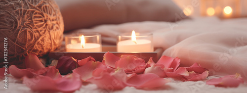 aromatic candles on the bed plan and rose petals. romantic