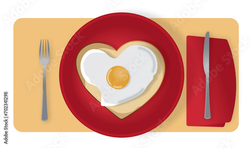 Valentine’s breakfast with heart-shaped egg on a red plate