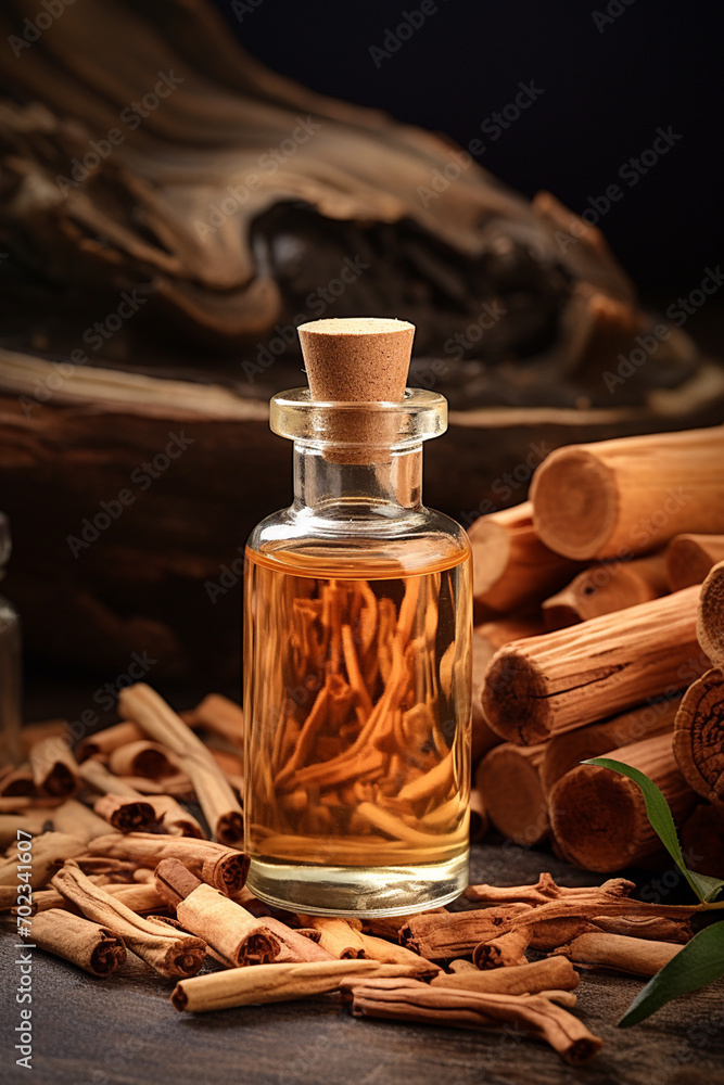 bottle, jar with sandalwood essential oil extract bottle, jar with sandalwood essential oil extract