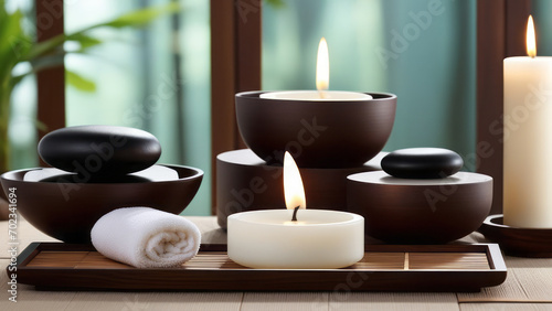 Infuse a Zen-inspired elegance into the composition the beauty of spa accessories in a harmonious setting. Towel with herbal bag and beauty treatments  candles  essential oils