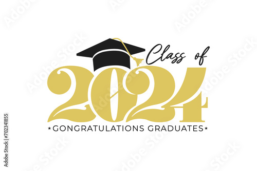 Gold design for graduation ceremony. Class of 2024. Congratulations graduates typography design template for shirt, stamp, logo, card, invitation etc. Vector illustration