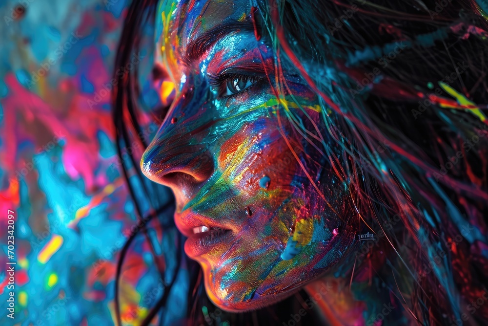 Woman with Expressive Eyes has a Neon Colors Face looking Wild Untamed - Joyful Abstract Aurora Borealis Brush Paint with Psychedelic Elements - Girl Background created with Generative AI Technology