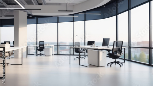 Abstract blurred interior modern office space with business and empty space, people working, panoramic windows, and beautiful lighting background blur in business concept. © DJSPIDA FOTO