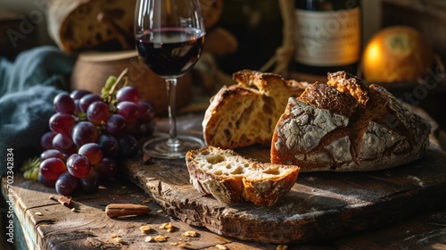 freshly baked bread with wine, close-up shot, rustic vineyard table, wine and bread in harmony, warm morning rays, earthy browns and deep reds.