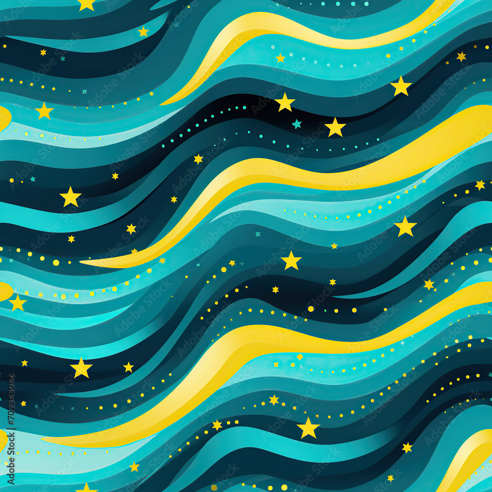 abstract wavy starry seamless pattern with waves and stars on blue green yellow background abstract wavy starry seamless pattern with waves and stars on blue green yellow background
