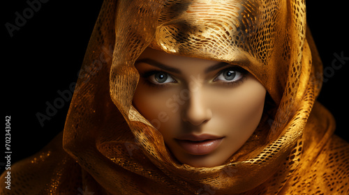 Sinnliches Portrait einer orientalischen Frau in goldenes Tuch gehüllt.  photo