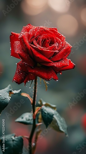 Love's Emblem: Red Rose with Dew Drops - Made with Generative AI (Midjourney