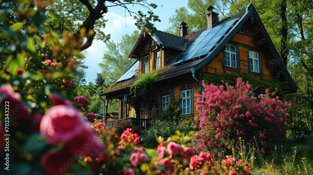 Beautiful wooden house in the garden. Beautiful summer landscape with flowers.